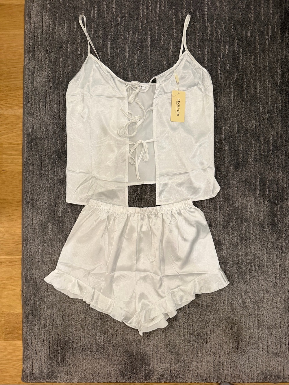 Lounge & Sleep Satin Lace-Up Cami and Ruffle Shorts Set - White